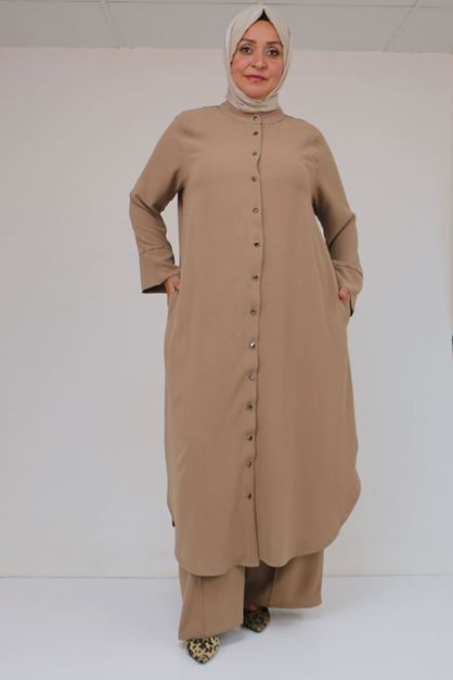 57053 Büyük Beden Eteği Oval Pantolonlu Krep Takım - Vizon