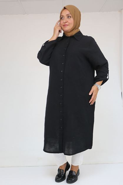 48058 Büyük Beden  Düğmeli Müslin Gömlek - Siyah