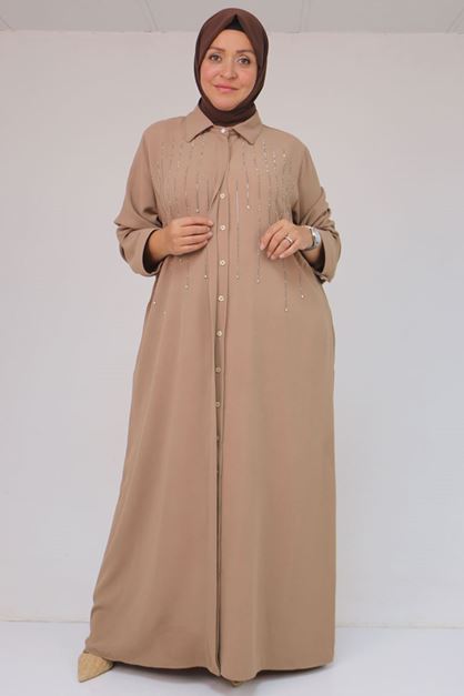 56018 Büyük Beden Taş Baskı Detaylı  Krep Ferace - Bej