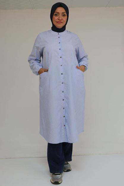 48072-1 Büyük Beden Kolları Lastikli Tunik - Çizgili Mavi