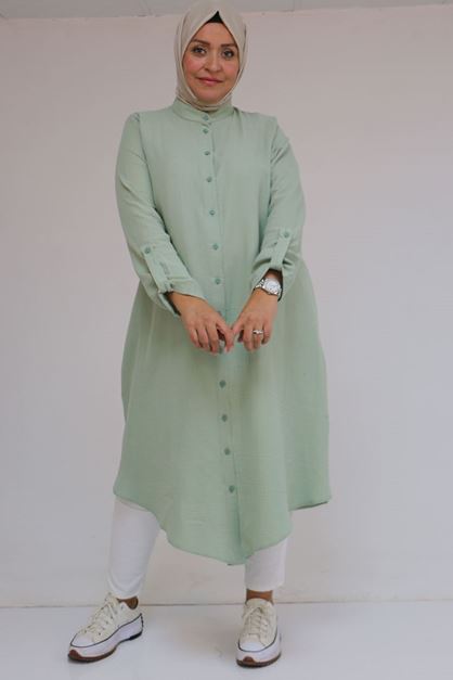 58092 Büyük Beden Çift Düğme Detaylı Müslin Gömlek - Nefti