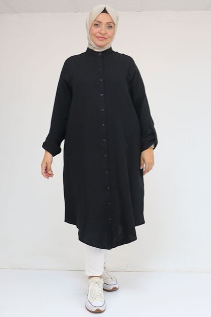 58092 Büyük Beden Çift Düğme Detaylı Müslin Gömlek - Siyah