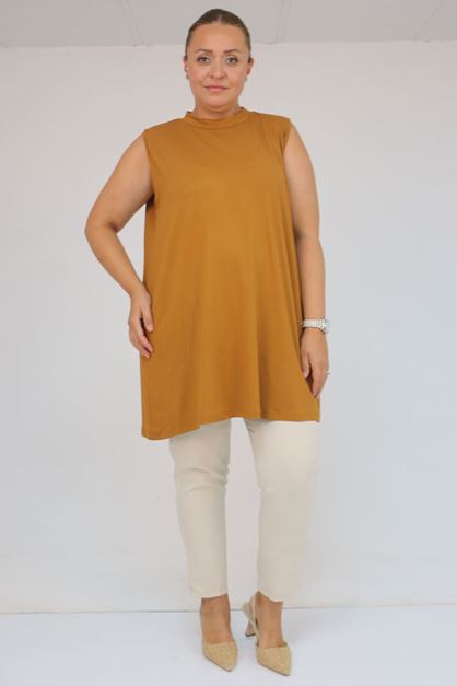 58501 Büyük Beden Hakim Yakalı Penye İçlik - Taba