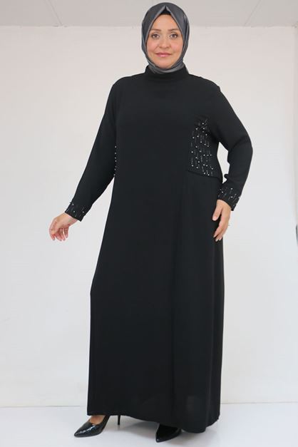 52013 Büyük Beden Taş Detaylı Krep Elbise - Siyah