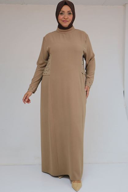 52013 Büyük Beden Taş Detaylı Krep Elbise - Vizon