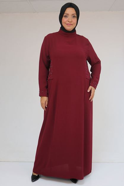 52013 Büyük Beden Taş Detaylı Krep Elbise - Bordo