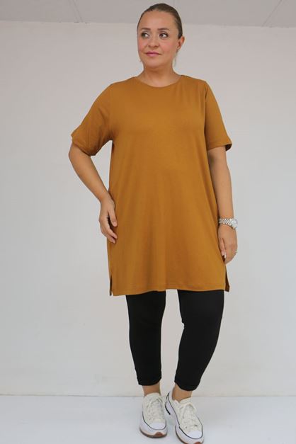 58507 Büyük Beden Yakası Biyeli Penye Tişört - Hardal