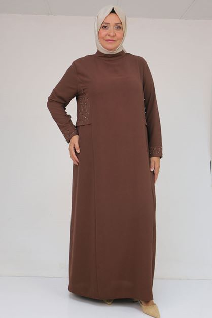 D-52013 Büyük Beden Taş Detaylı Krep Elbise - Kahve 