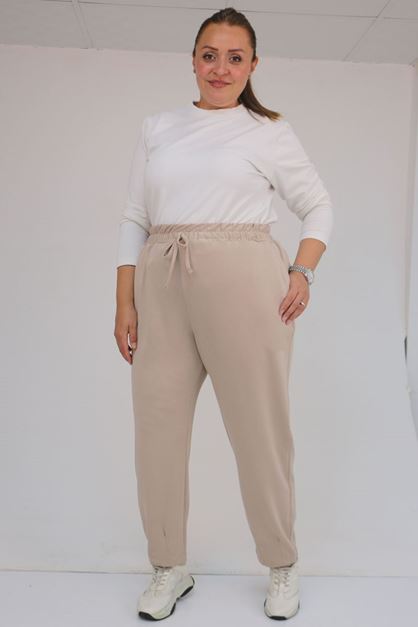 59028 Büyük Beden Paçası Çıma Detaylı Modal Pantolon - Vizon