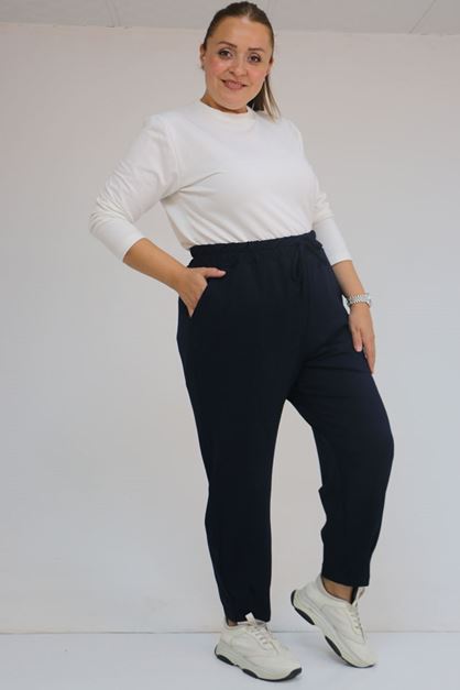 59028 Büyük Beden Paçası Çıma Detaylı Modal Pantolon - Lacivert