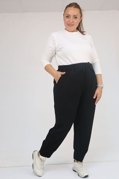 59028 Büyük Beden Paçası Çıma Detaylı Modal Pantolon - Siyah