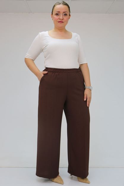 59014 Büyük Beden Beli Lastikli Bolpaça Pantolon - Kahve