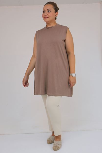 58501 Büyük Beden Hakim Yakalı Penye İçlik - Vizon