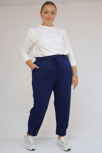 59027 Büyük Beden Paçasında İnci Çakma Modal Pantolon - İndigo