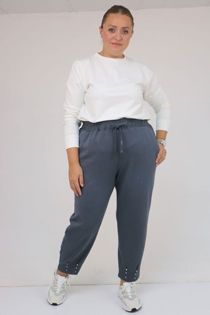 59027 Büyük Beden Paçasında İnci Çakma Modal Pantolon - Antrasit