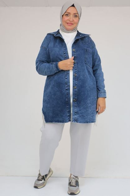 43009 Büyük Beden Erkek Yaka Kot Kap - Mavi