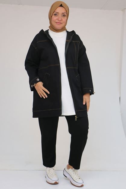 D-53018 Büyük Beden  Kolları Bebe Lastik Detaylı Kot Ceket - Siyah