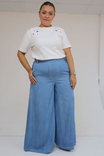 D-59003 B.B.Beli Lastikli Gizli Fermuarlı Bolpaça Pantolon - Mavi 