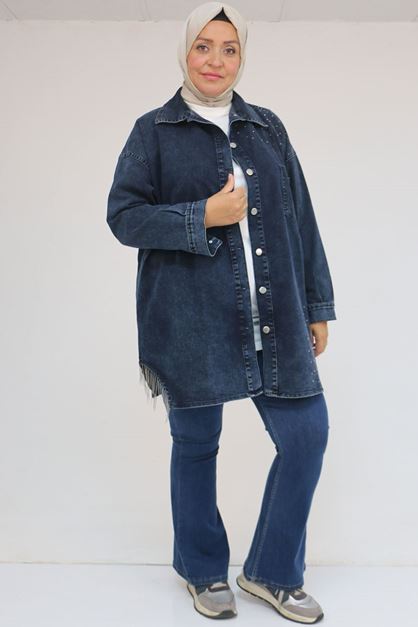 D-43009 Büyük Beden Erkek Yaka Kot Kap - Lacivert 