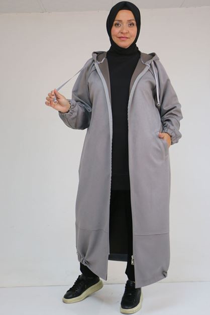 43078 Büyük Beden Kolları Lastikli Pat Detaylı Nubuk Kap - Gri