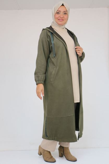 43078 Büyük Beden Kolları Lastikli Pat Detaylı Nubuk Kap - Haki