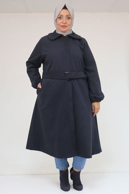 43090 Büyük Beden Yakalı -Kuşaklı Kolu Lastikli Kaşe Kaban - Lacivert