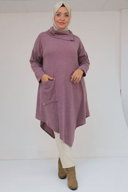 58100 Büyük Beden Yakkasında Fermuar Detaylı Mir Tunik - Gül Kurusu