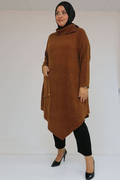 58100 Büyük Beden Yakkasında Fermuar Detaylı Mir Tunik - Taba