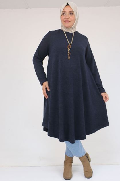 58108 Büyük Beden Mevlana Kesim Mir Tunik - Lacivert