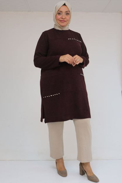 58113 Büyük Beden Dikme Taş Detaylı Çımalı Mir Tunik - Mürdüm