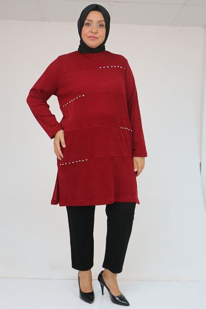58113 Büyük Beden Dikme Taş Detaylı Çımalı Mir Tunik - Bordo
