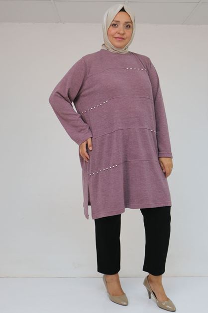 58113 Büyük Beden Dikme Taş Detaylı Çımalı Mir Tunik - Gül Kurusu
