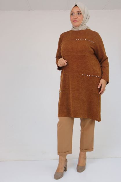 58113 Büyük Beden Dikme Taş Detaylı Çımalı Mir Tunik - Taba