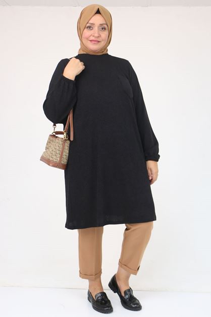 58104 Büyük Beden Kolu Lastikli Cepli Mir Tunik - Siyah