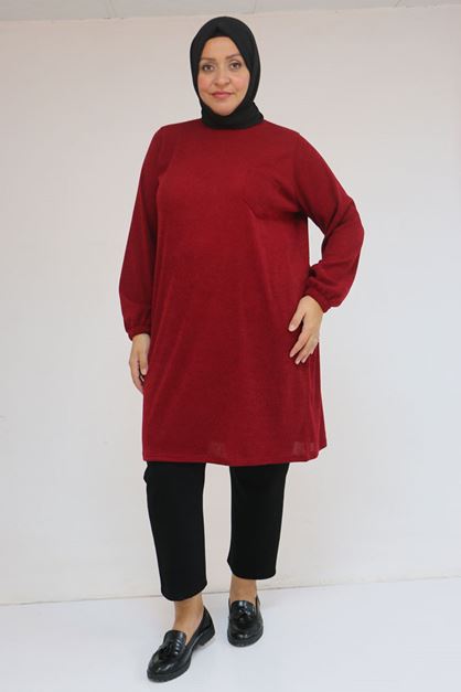 58104 Büyük Beden Kolu Lastikli Cepli Mir Tunik - Bordo