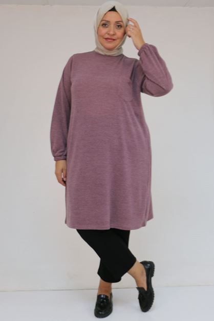58104 Büyük Beden Kolu Lastikli Cepli Mir Tunik - Gül Kurusu