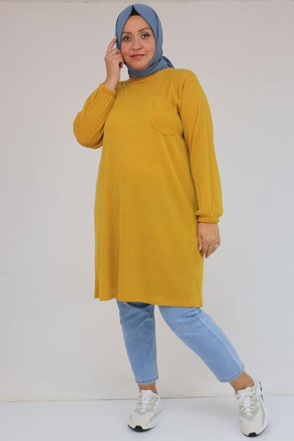 58104 Büyük Beden Kolu Lastikli Cepli Mir Tunik - Hardal