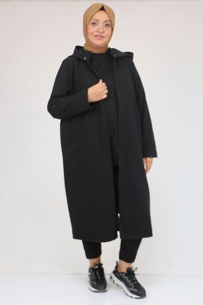 53033 Büyük Beden Kapşonlu Boydan Fermuarlı Kaşe Kaban - Siyah