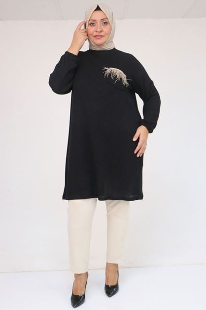 58114 Büyük Beden Kolları Lastikli Cebi Püskül Detaylı Mir Tunik - Siyah