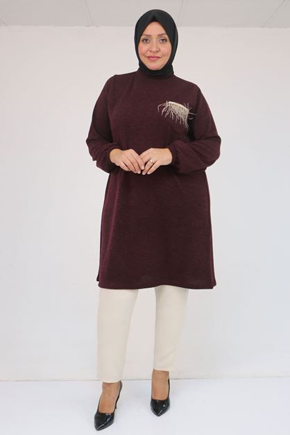 58114 Büyük Beden Kolları Lastikli Cebi Püskül Detaylı Mir Tunik - Mürdüm