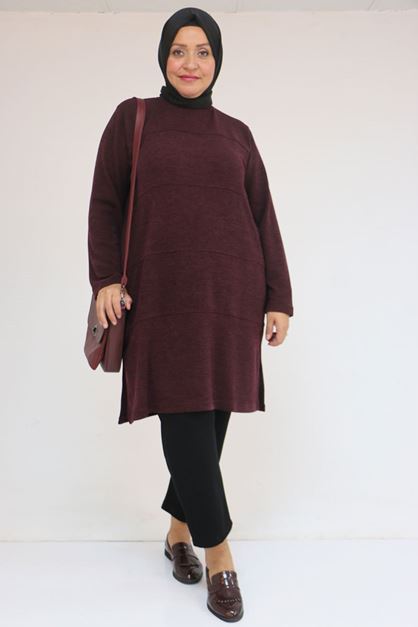 58103 Büyük Beden Biye Detaylı Mir Tunik - Mürdüm