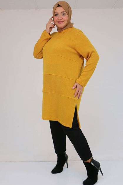 58103 Büyük Beden Biye Detaylı Mir Tunik - Hardal