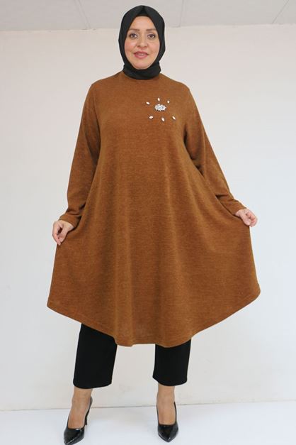 58117 Büyük Beden Taş Detaylı Mevlana Mir Tunik - Taba