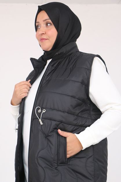 44009 Büyük Beden Bebe Lastiği Detaylı Kapitone Yelek - Siyah
