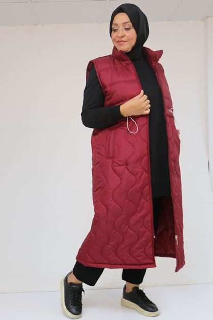 44009 Büyük Beden Bebe Lastiği Detaylı Kapitone Yelek - Bordo