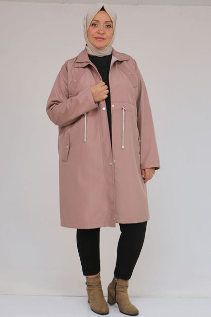 D-43054 Büyük Beden Belden Bağlamalı Çizgili Bondit Trençkot - Pudra