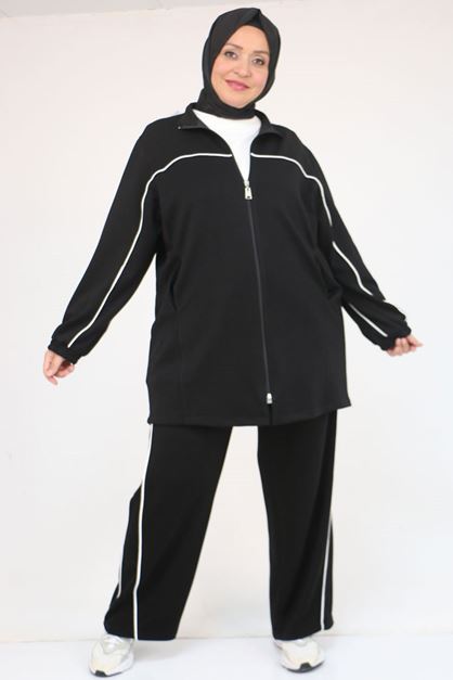 47082 Büyük Beden Kıstırma Biyeli Osyho Pantolonlu Takım - Siyah
