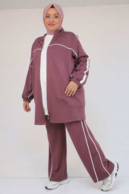 47082 Büyük Beden Kıstırma Biyeli Pantolonlu Modal Takım - Gül Kurusu
