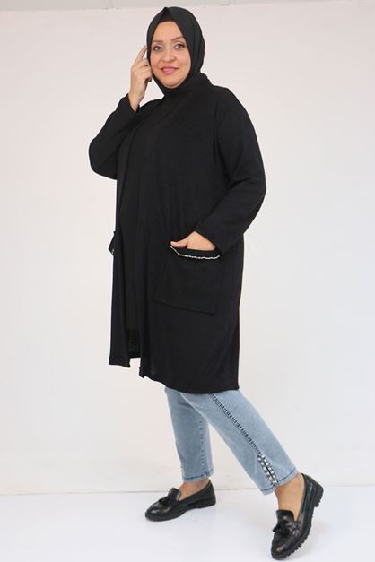 53040 Büyük Beden Cepleri Taş Detaylı Mir Ceket - Siyah