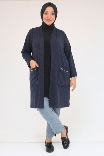 53040 Büyük Beden Cepleri Taş Detaylı Mir Ceket - Lacivert